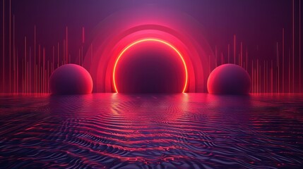 Wall Mural -  Futuristic art scene with neon circle, 3 balls in water, red light at tunnel end