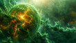 © Aliaksandra - Abstract green glowing energy magic bright high tech sphere ball circle  in fire and smoke background