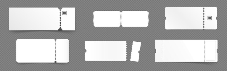 Blank movie ticket or event coupon template mockup. 3d white paper lottery or concert label realistic receipt. Theatre voucher shape mock up illustration set. Modern carnival discount price cut edge