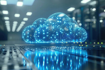 a glowing blue cloud computing symbol hovers above a server rack, representing digital data storage 
