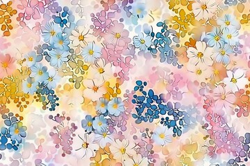 Wall Mural -  A soft pastel watercolor seamless pattern of delicate spring flowers like daisies, roses and peonies in full bloom with petals in various colors including light pink, yellow, blue and white on an iso