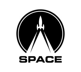 Poster - Spaceship or space rocket launch icon of vector space travel and astronomy science. Spaceship, rocket or shuttle carrier startup with smoke trace or takeoff fire flame with planet globe silhouette