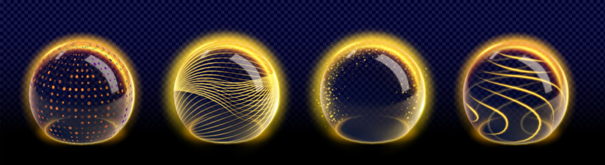 Poster - 3d sphere shield with abstract barrier effect vector. Energy dome with glass circle space to protect skin from sun uv. Spf care graphic. Magic cyber futuristic element on transparent background