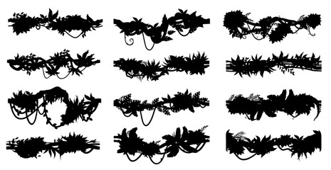 Wall Mural - jungle tropical liana branch vines and ivy plants silhouettes, vector creeper tree. jungle forest li