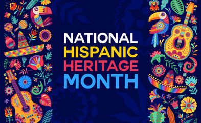 National hispanic heritage month banner with ethnic decorations, tropical flowers and animals vector borders. Mexican and spanish ethnic culture festival flyer, sombrero, guitar, maracas and toucan