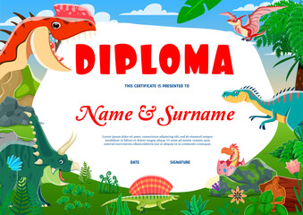 Aufkleber - Kids diploma with funny dinosaurs and dino for education certificate, vector cartoon template. Cute Jurassic dino characters T-rex dinosaur and pterodactyl in jungle for kindergarten classes diploma