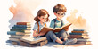 © Govindan maruthai - Illustration of Children's Day. Children, books reading in home with friends, learning or diversity for reading at school playground. Kids, education or study with support, water color style