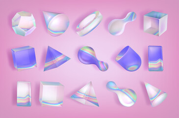Poster - 3d abstract glass shape with crystal light gradient. Prism reflection effect for geometric element. Glossy modern rainbow cube, triangle and liquid object. Holographic diamond glow with dispersion