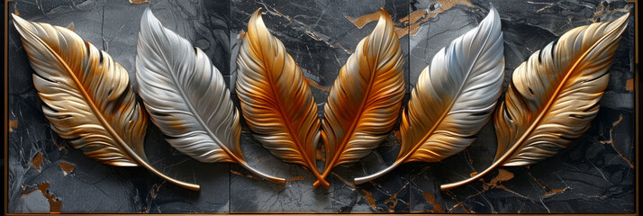 panel wall art, wall decoration, marble background with feather designs