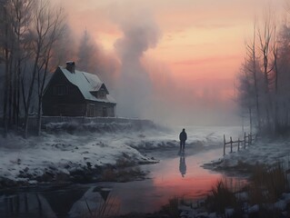 Wall Mural - Fantasy winter landscape with old wooden houses in the village at sunset