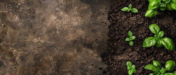 top view of young green plants sprouting in dark soil with copy space on rustic background. concept 