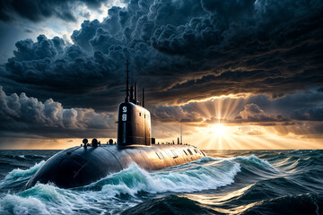 Scenery of heavy nuclear submarine floating in vast ocean at sunset sky. Sub in rough water, military control of sea. Protection of water state borders. Naval forces army concept. Copy ad text space