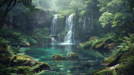 Wall Mural - Tropical Waterfall and Lush Green Pool