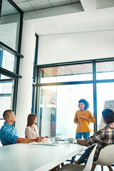 Canvas Print - Business people, woman and presentation in boardroom with speaker for company growth and financial training. Discussion, employee or meeting in conference room with collaboration on corporate project