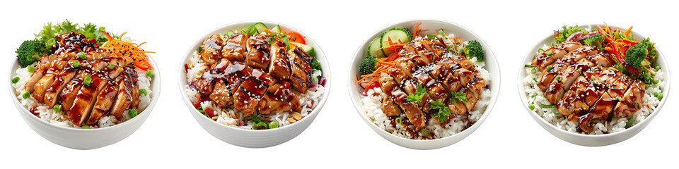 Sticker - Rice And Teriyaki Chicken  isolated on transparent png background collection set . Generative ai