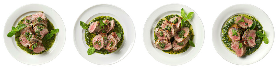 Wall Mural - Roast Lamb And Mint Sauce  isolated on transparent png background collection set . Generative ai