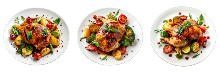 Wall Mural - Roasted Chicken And Vegetables  isolated on transparent png background collection set . Generative ai