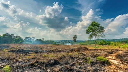 Wall Mural - Forest Destruction for Agriculture: Illustrate forests being cleared and burned to make way for agricultural activities such as cattle ranching, palm oil plantations, or soybean farming. 