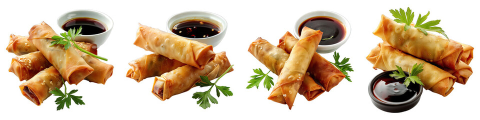 Wall Mural - Spring Rolls And Hoisin Sauce  isolated on transparent png background collection set . Generative ai