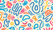 © Alon - Fun colorful line doodle seamless pattern. Creative abstract style art symbol background for children or celebration design with basic shapes. Simple childish scribble wallpaper print.