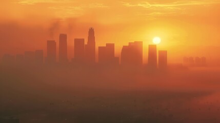 Sunset in the Smog: Capture the sun setting behind a skyline obscured by smog, creating a dramatic and ominous scene that highlights the impact of pollution on the environment. 
