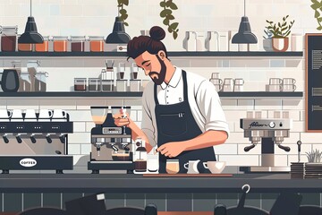 Aufkleber - A man eagerly watches a barista craft a perfect espresso at the coffee shops sleek counter, filled with the aroma of freshly brewed coffee. Generative AI