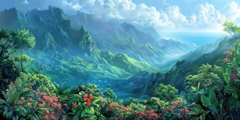 Wall Mural - Landscape view from the top of the hill with beautiful flowering plants on a foggy morning.