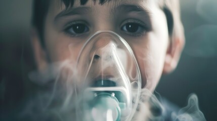Poster - Child inhaling through a nebulizer mask, close-up, focused on face and mist, calming light 