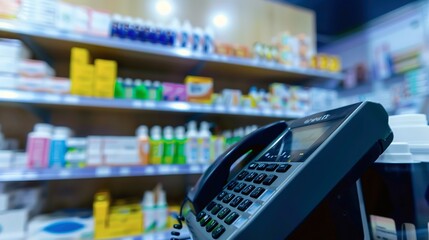 Sticker - Close-up on cash register display in pharmacy, transaction details, soft glow, focused light 