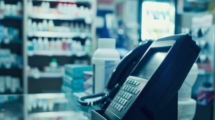 Poster - Close-up on cash register display in pharmacy, transaction details, soft glow, focused light 