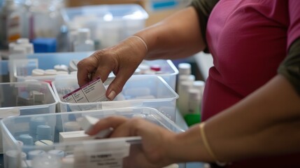 Poster - Pharmacist sorting medications into bins, close-up on hands, labels in focus, clean light 