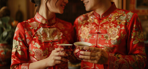 Wall Mural - Closeup of a Chinese couple in red and gold traditional attire holding coffee cups, capturing the moment they shared their first cup together at a wedding ceremony with decor