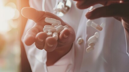 Wall Mural - Close-up of pharmacist's hands with pills, soft warm lighting, detailed texture focus 