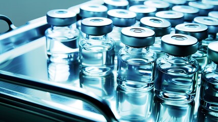 Canvas Print - Vaccine vials on steel tray, close-up, cold blue tint, clinical precision, backlit 