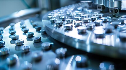 Poster - Detailed close-up of a tablet press machine, pharmaceutical production, sterile bright light 
