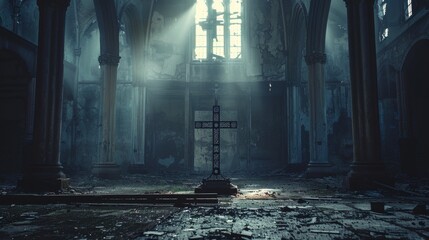 Wall Mural - Ancient Cross in Dark Abandoned Cathedral
