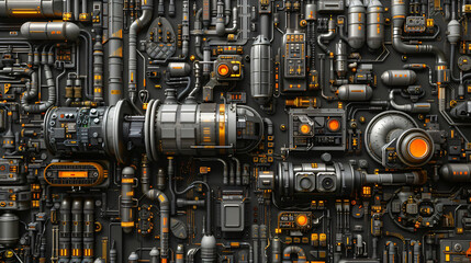 Poster - Futuristic Industrial Machine with Pipes and Gears for Science Fiction and Technology with copy space text for science fiction and technology websites