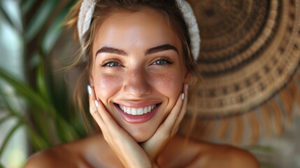 A beautiful woman smiling as she receives a rejuvenating facial treatment, with a focus on the natural ingredients and gentle techniques used to enhance her beauty and promote skin