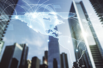 Poster - Double exposure of abstract digital world map hologram with connections on blurry cityscape background, big data and blockchain concept