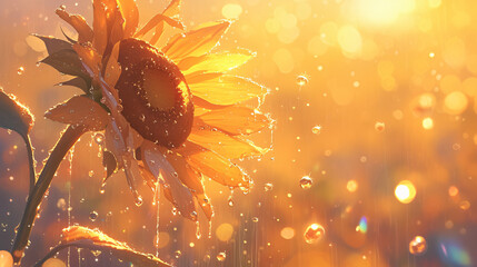 Poster - Sunflower with Rain Drops for Nature and Beauty with copy space text for nature and beauty websites