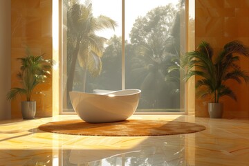 Wall Mural - Sunlit bathroom with large windows, freestanding tub, and tropical plants, serene and inviting, featuring a perfect blend of modern and elegant design elements for a luxurious and serene experience