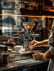 Aufkleber - A skilled man meticulously fine-tuning a coffee machine in a bustling coffee shop, creating the perfect brew for eager customers. Generative AI