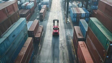 Wall Mural - A panoramic view of a forklift lifting a container box onto a truck bed in a depot, with rows of stacked containers stretching into the distance.