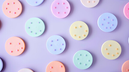 Whimsical pastel circles on a violet background bring a retro, dreamlike touch to creative spaces,