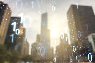 Aufkleber - Abstract virtual binary code hologram on modern architecture background, AI and machine learning concept. Multiexposure