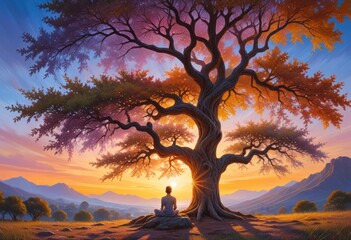 Wall Mural - artwork that captures a peaceful meditation setting, with a human figure seated under a tree that reflects the changing seasons or times of day, all under the hues of dusk.