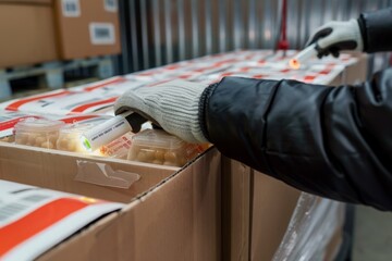 Hand of worker using thermometer to temperature measurement in the goods boxes with ready meals after import in the cold room or warehouse for keep temperature room