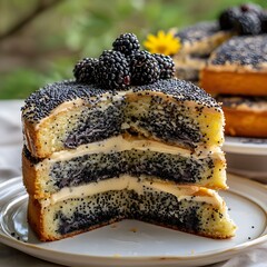 Wall Mural - Cake with butter filling, poppy seeds and blackberries