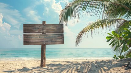 Wall Mural - Showcase the charm of seaside getaways with an image capturing an empty wooden signboard nestled amidst palm fronds on a tropical beach, offering a picturesque setting for advertising.