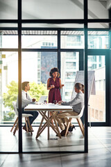 Poster - Business people, woman or presentation with chart in conference room for company growth statistics or annual sales graph. Speaker, employee or infographics with data analysis for finance in boardroom